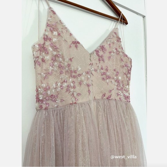 CLUNY DRESS Adrianna Papell Anthropologie Pink Sequined Embroidered Tulle - Picture 7 of 10